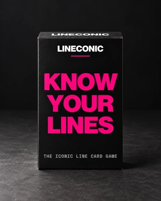 Front of the black KNOW YOUR LINES. box with pink lettering